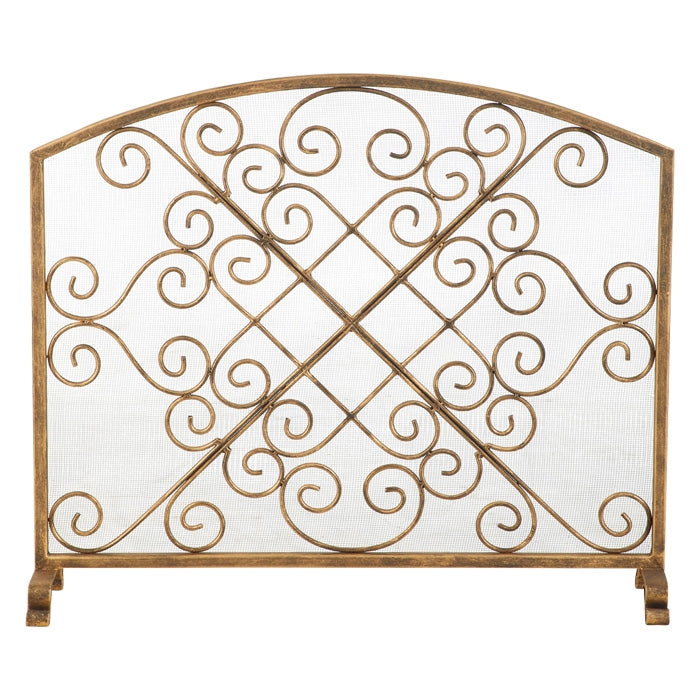 Single Panel Fireplace Screen in Burnished Gold and Scroll Design