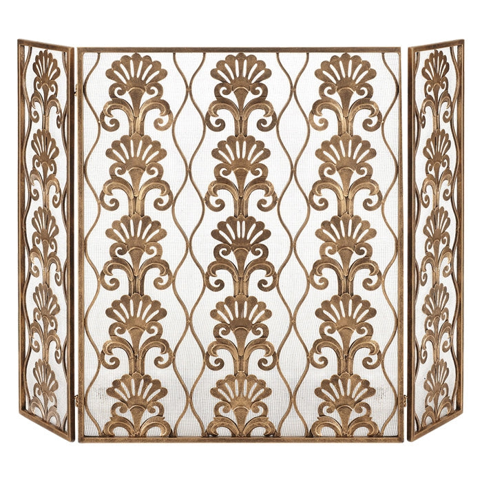 3-Panel Fireplace Screen Light Burnished Gold Shell Accent