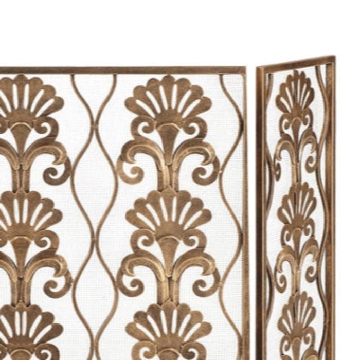 3-Panel Fireplace Screen Light Burnished Gold Shell Accent