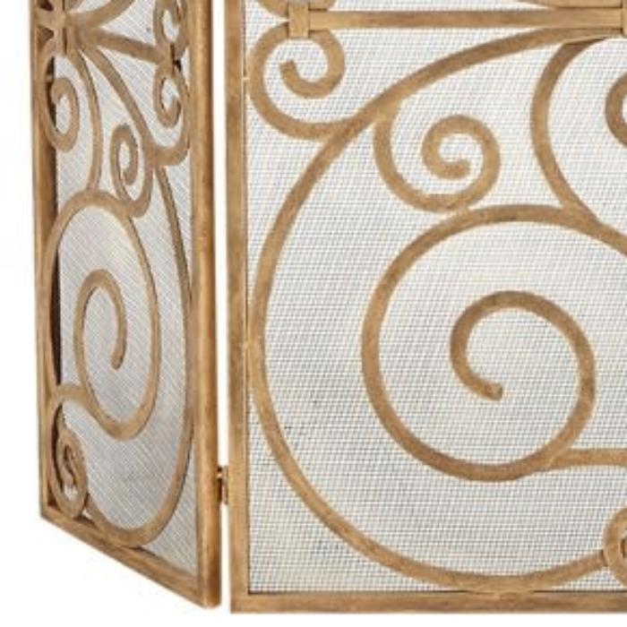 3-Panel Fireplace Screen Antique Gold Rolled Scroll Design