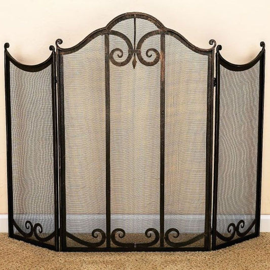 3 Panel Fireplace Screen in Burnished Black Brown with Scroll Pattern