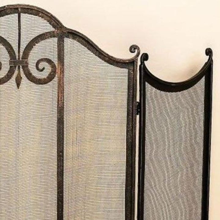 3 Panel Fireplace Screen in Burnished Black Brown with Scroll Pattern