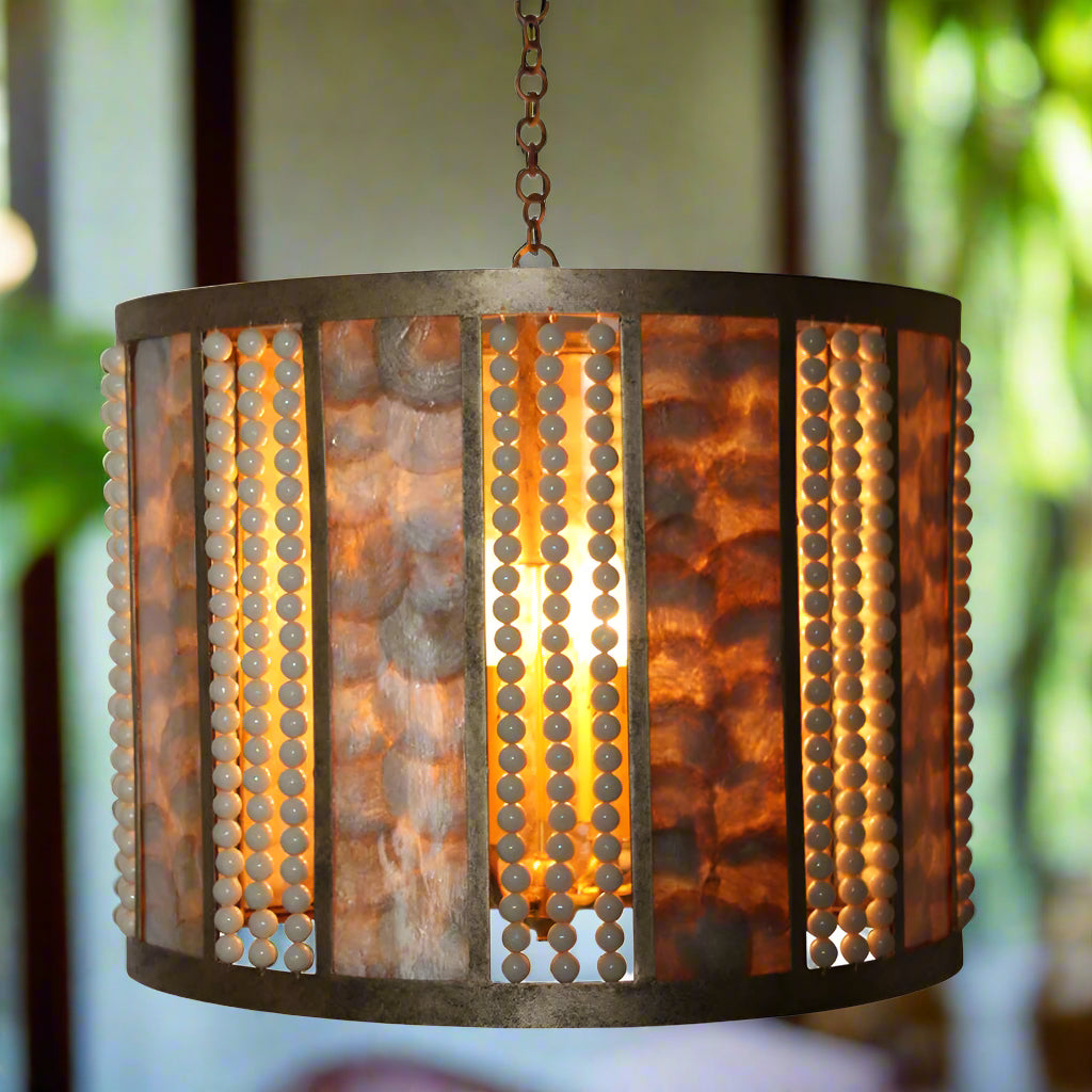 Elegant Antique Gold Drum Chandelier with Capiz and Beads