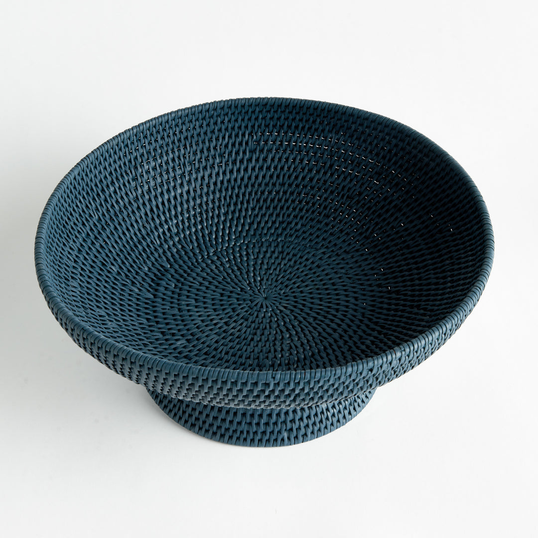 Overhead view of dark blue woven rattan pedestal offering bowl showing the circular weave and deep blue finish, Transitional