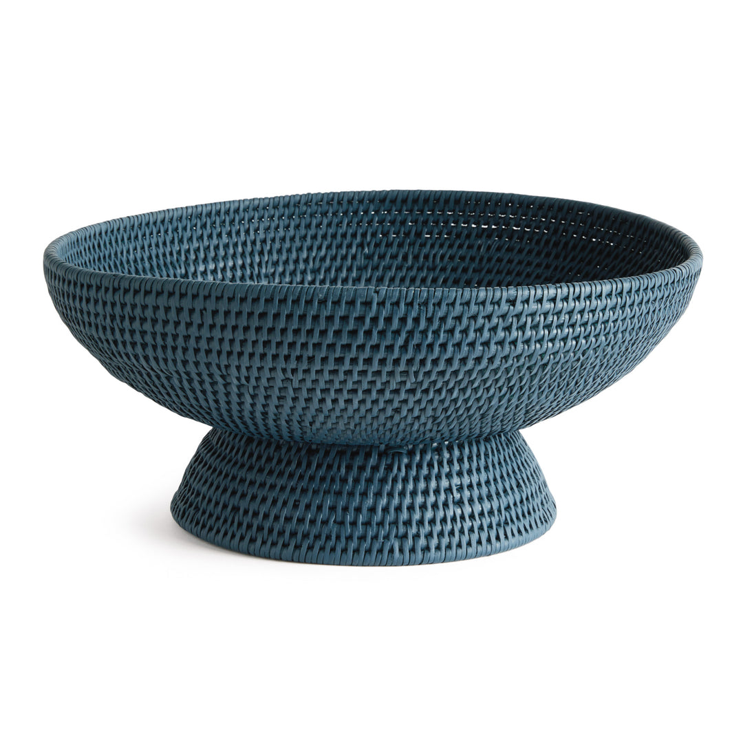 Dark blue woven rattan pedestal offering bowl shown in side profile against a clean white studio background, Transitional