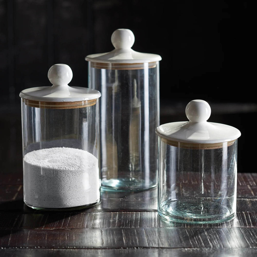 Set of 3 Glass and Mango Wood Canisters with Minimalist Design