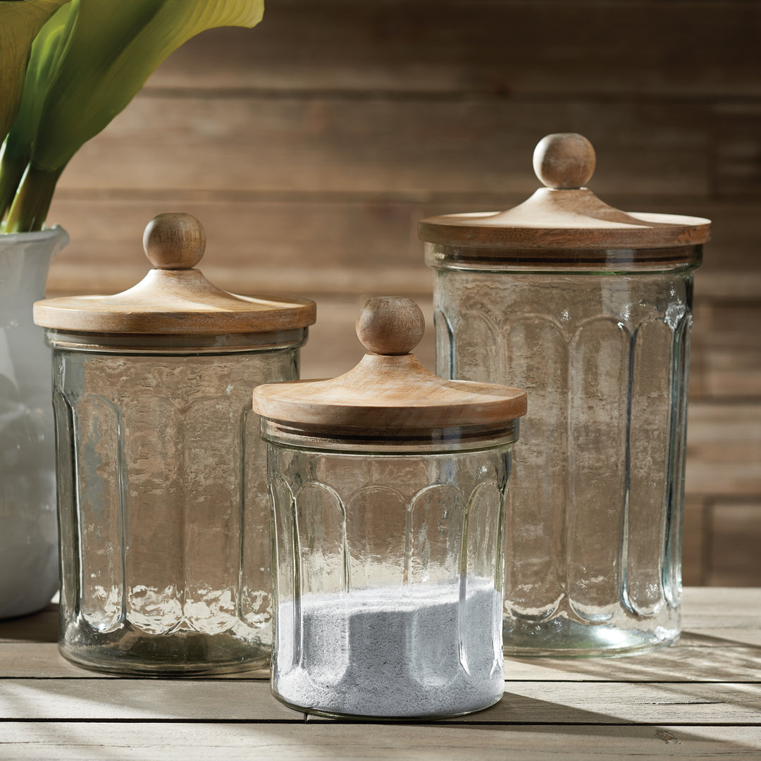 Seeded Glass and Mango Wood Canisters, Set of 3