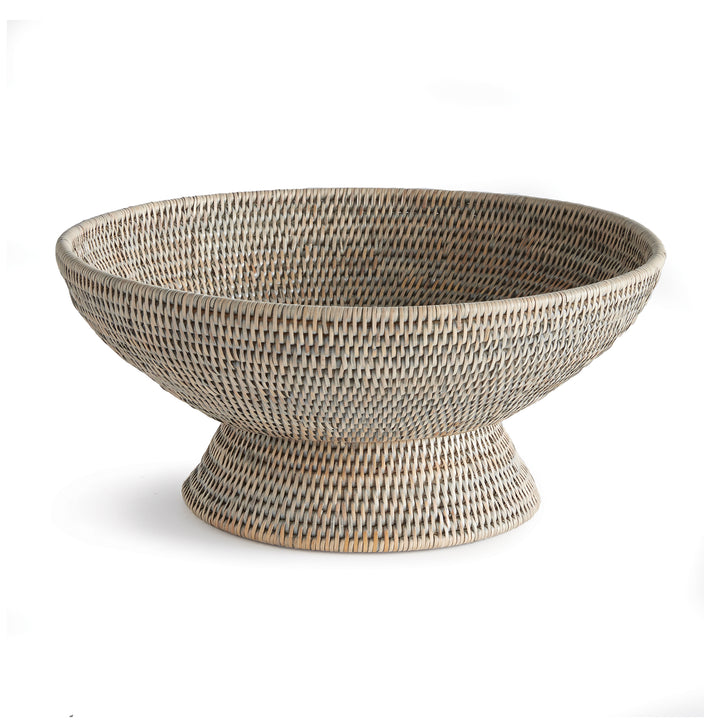 Graywash woven rattan pedestal offering bowl with a shallow round basin, wide rim and matching woven base, Transitional