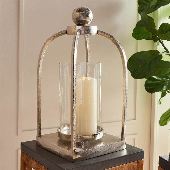 Large Silver Lantern with Chrome Finish for Transitional Home Decor