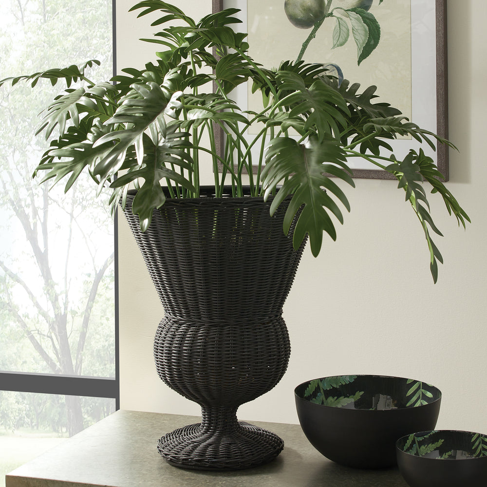 Black Wicker Urn Planter with Classic Design