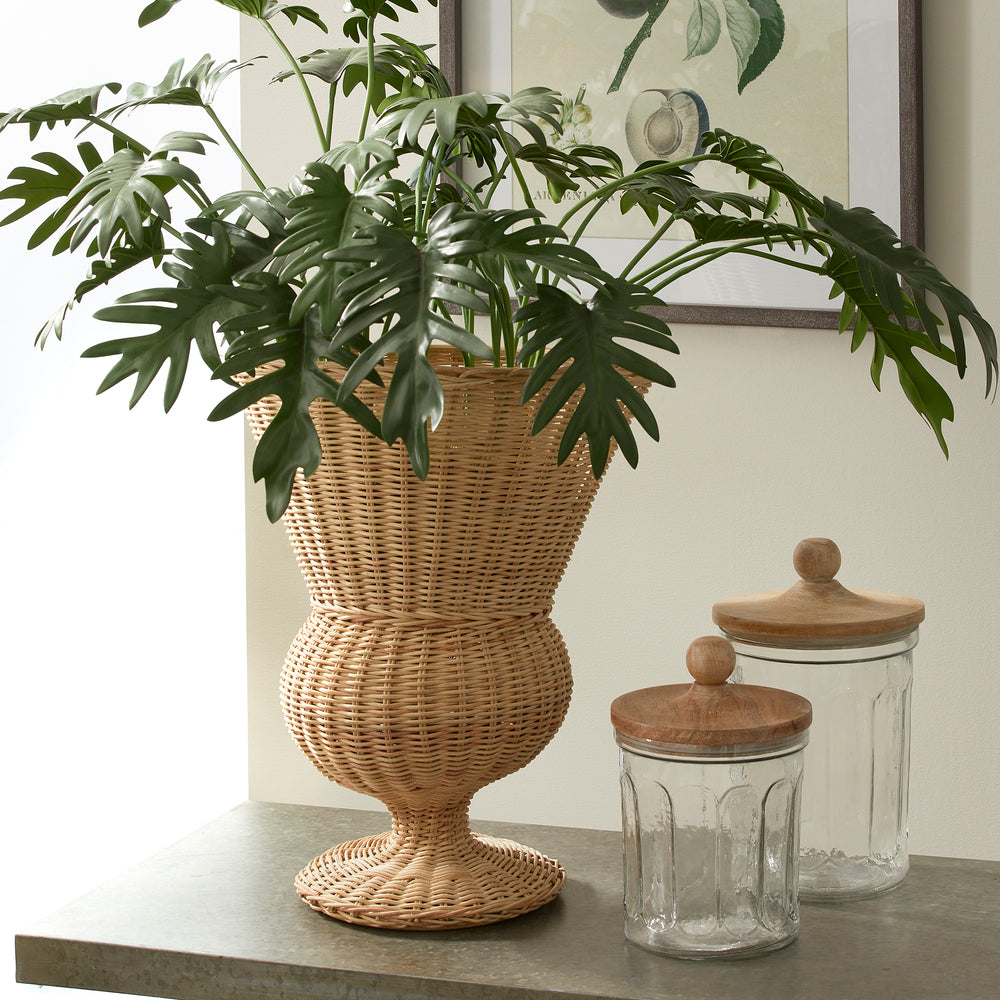 Woven Rattan Urn Planter with Natural Finish