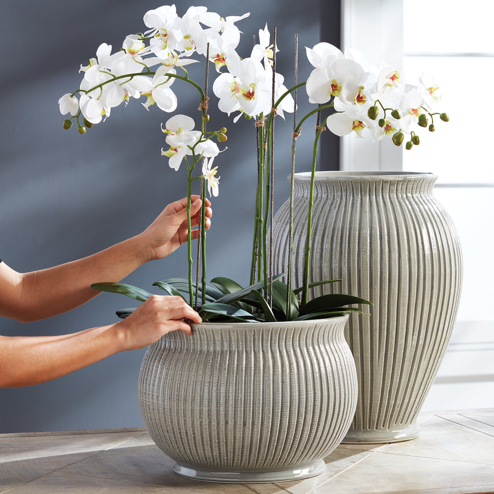 Person arranging a potted orchid plant in a ribbed pot with another pot in the background.