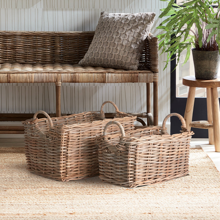 Set of 2 Natural Rattan Halo Handle Rectangular Baskets