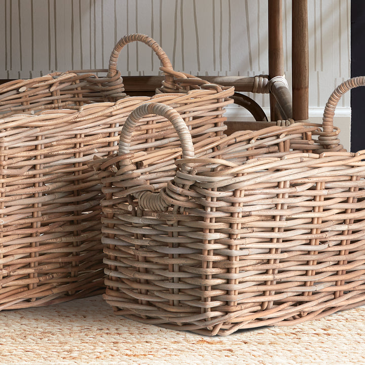 Set of 2 Natural Rattan Halo Handle Rectangular Baskets