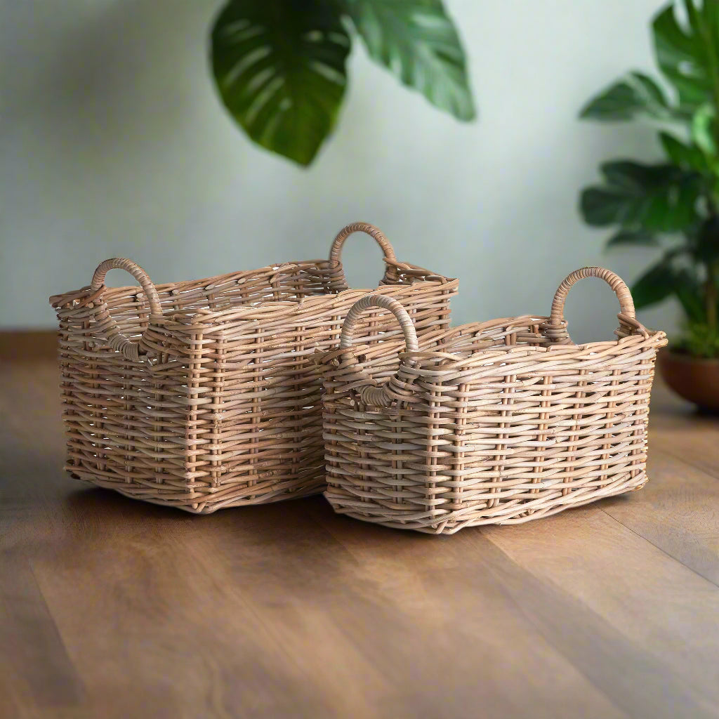 Set of 2 Natural Rattan Halo Handle Rectangular Baskets