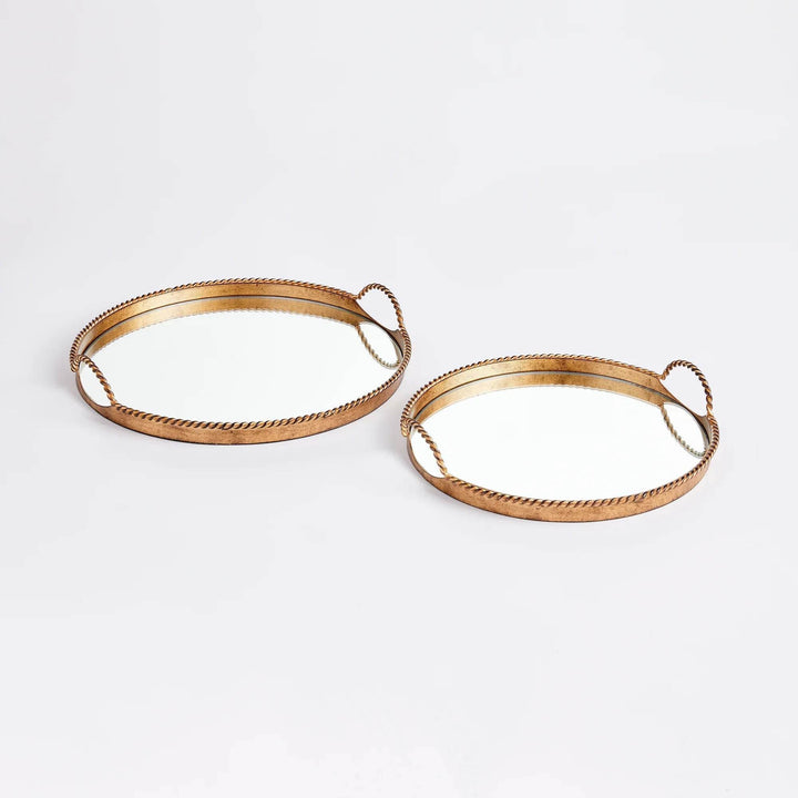 Set of 2 Antique Gold Cast Iron Decorative Mirrored Trays
