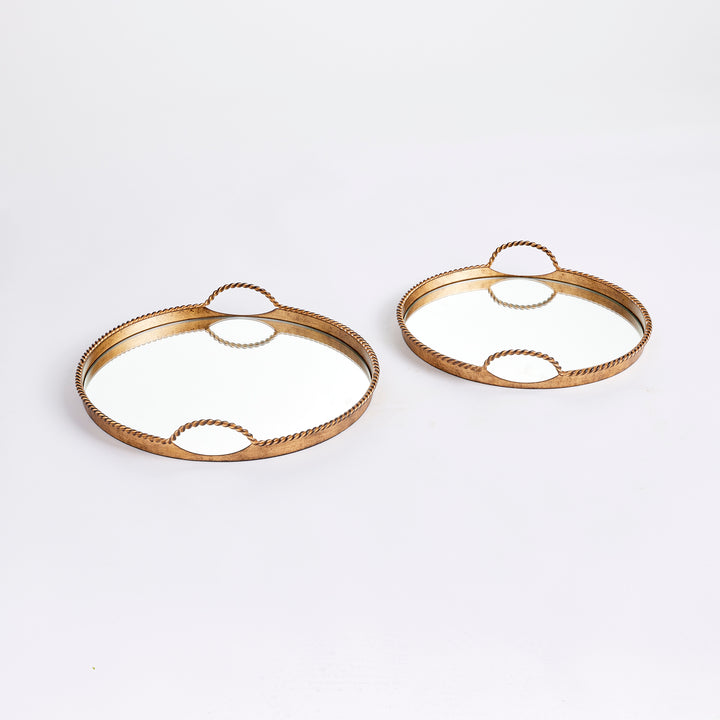 Set of 2 Antique Gold Cast Iron Decorative Mirrored Trays