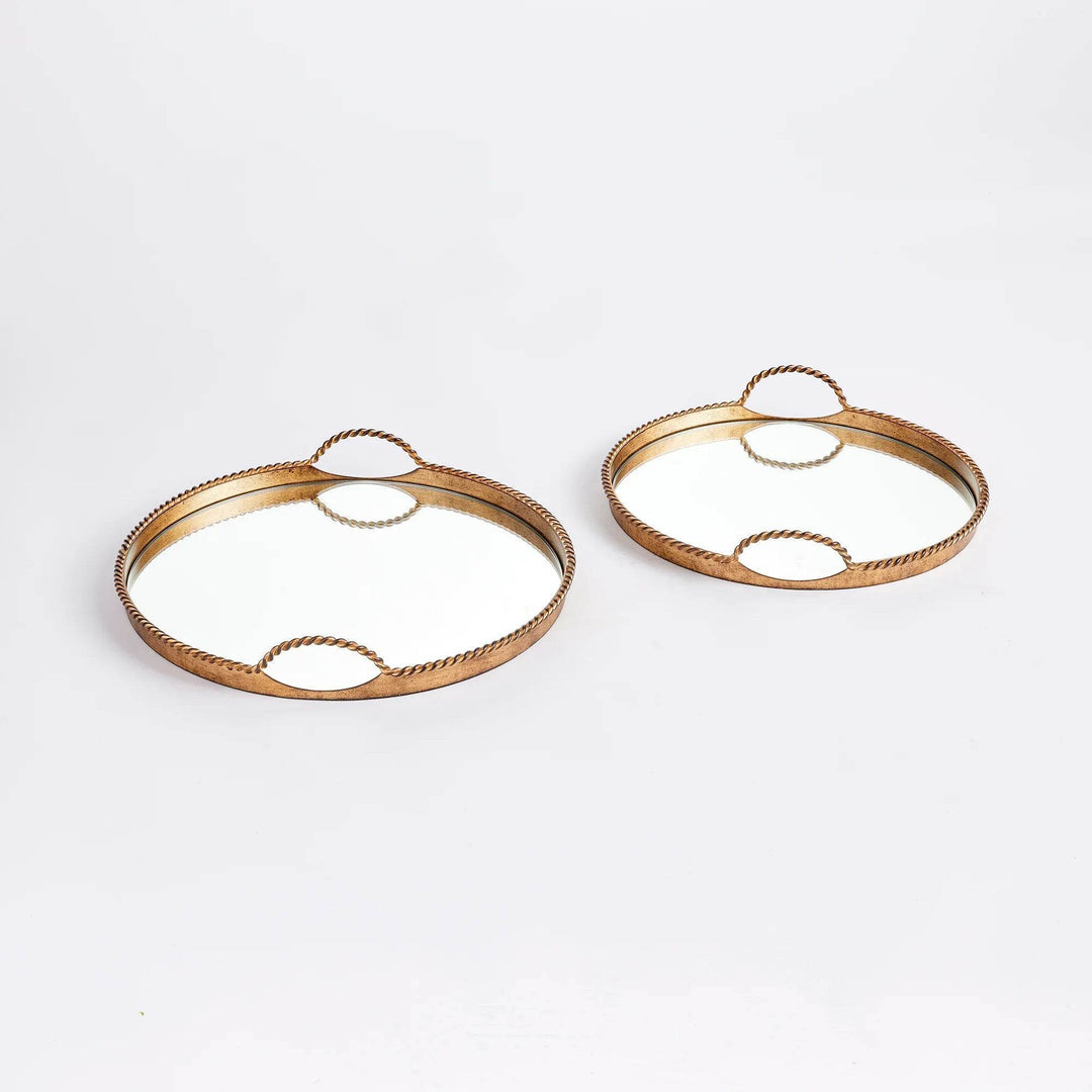 Set of 2 Antique Gold Cast Iron Decorative Mirrored Trays
