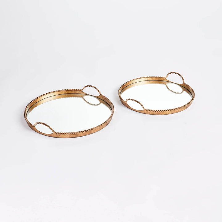 Set of 2 Antique Gold Cast Iron Decorative Mirrored Trays