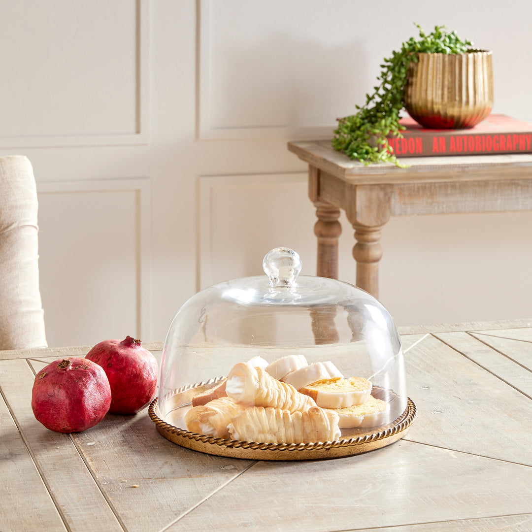 Large Antique Gold Tray with Thick Glass Cloche