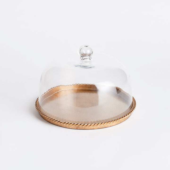 Large Antique Gold Tray with Thick Glass Cloche