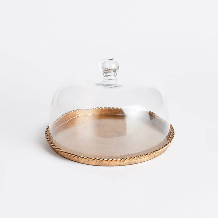 Large Antique Gold Tray with Thick Glass Cloche