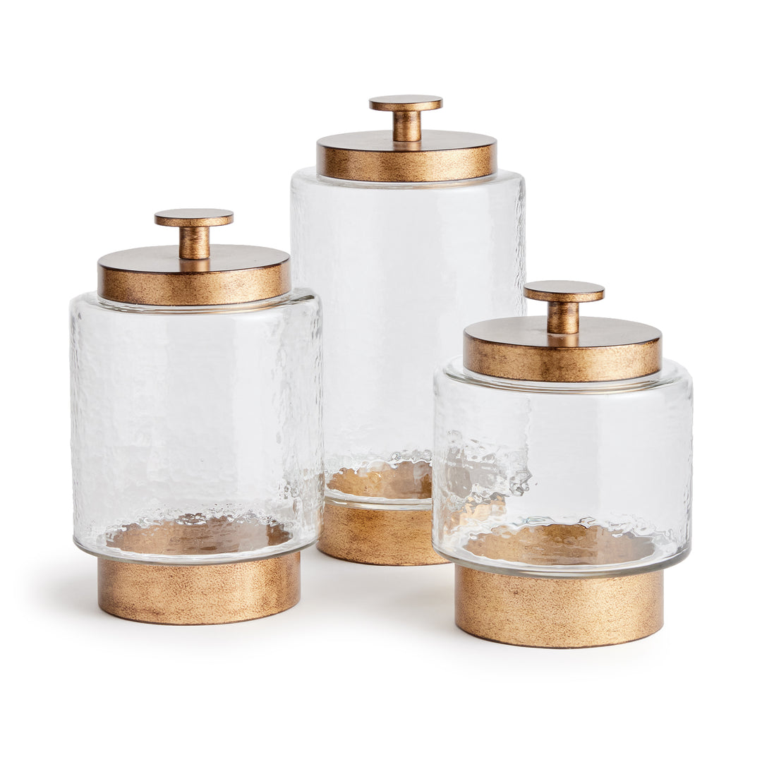 Set of 3 Seeded Glass and Antique Gold Metal Canisters