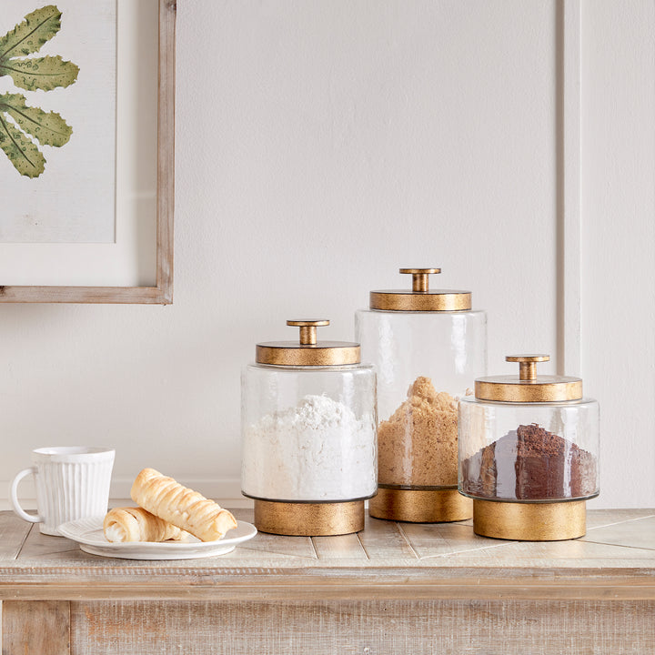 Set of 3 Seeded Glass and Antique Gold Metal Canisters