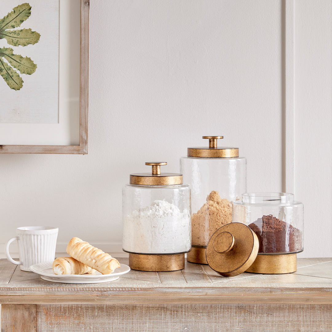 Set of 3 Seeded Glass and Antique Gold Metal Canisters