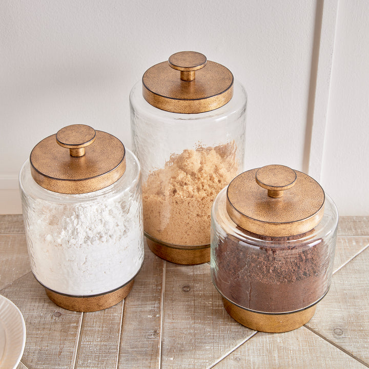 Set of 3 Seeded Glass and Antique Gold Metal Canisters