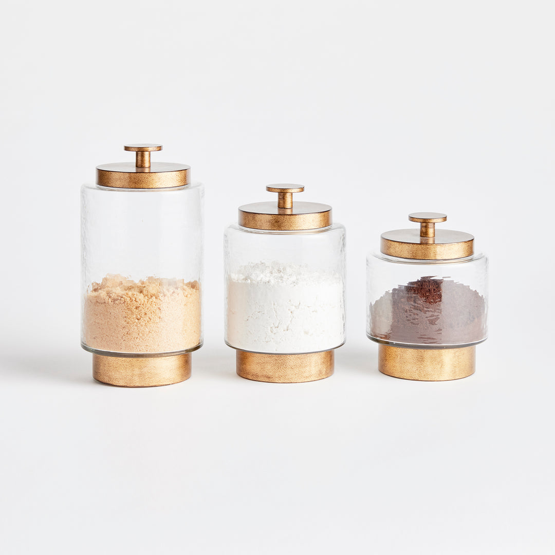 Set of 3 Seeded Glass and Antique Gold Metal Canisters