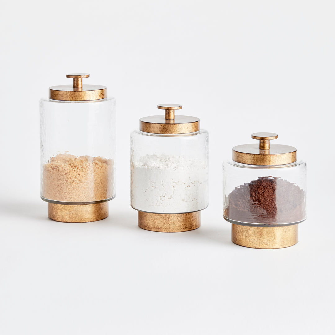 Set of 3 Seeded Glass and Antique Gold Metal Canisters