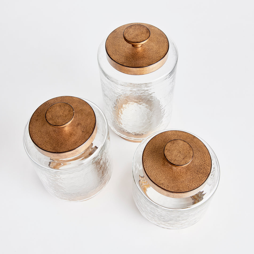 Set of 3 Seeded Glass and Antique Gold Metal Canisters