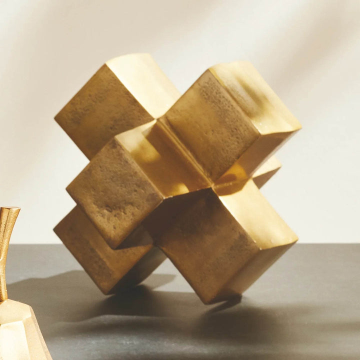Gold Cube Sculpture - Modern Geometric Accent Decor