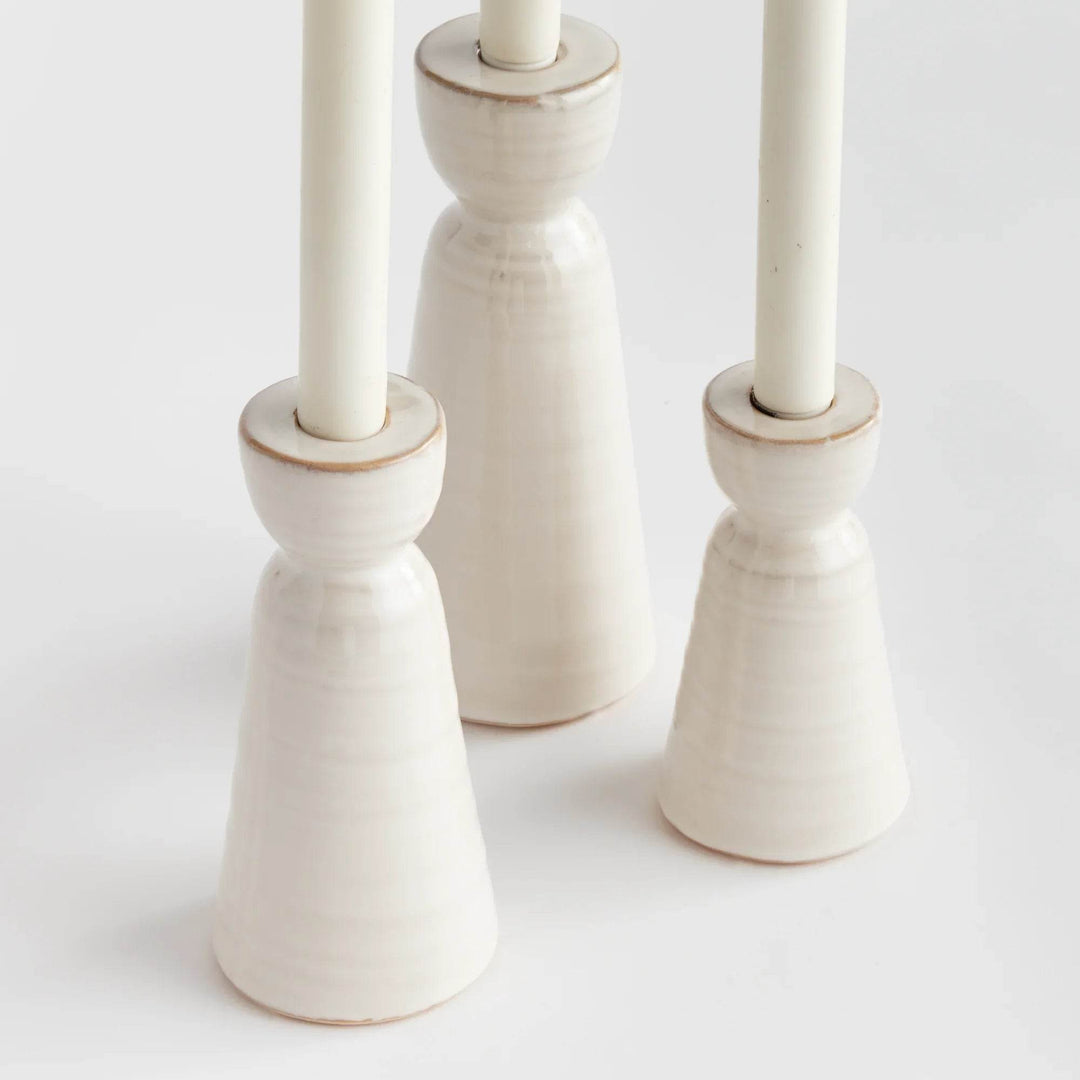 Elegant Cream Stoneware Candle Holders Set