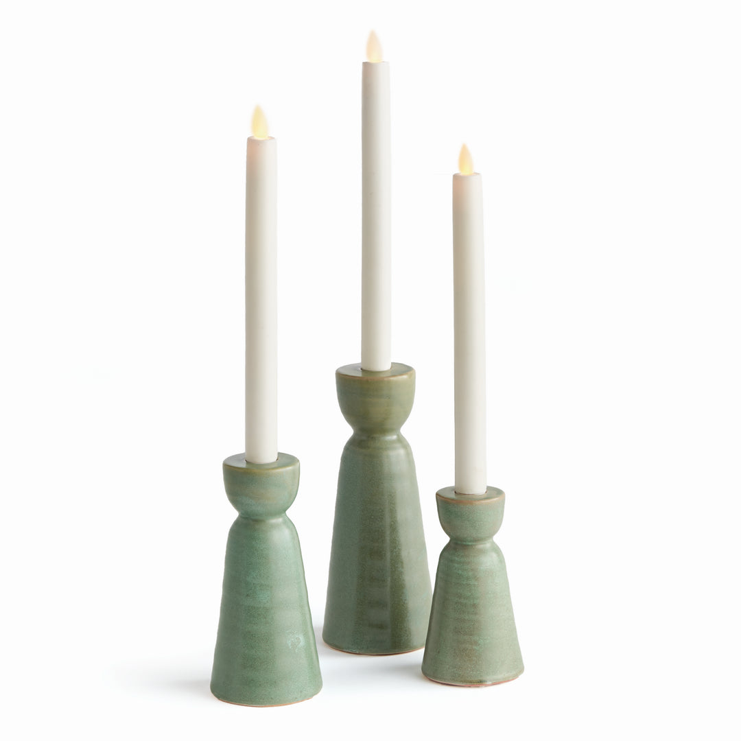 Elegant Green Stoneware Candle Holders Set for Home Decor