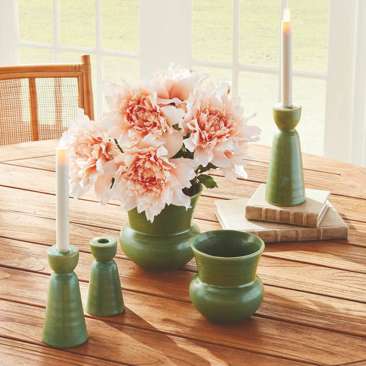 Elegant Green Stoneware Candle Holders Set for Home Decor