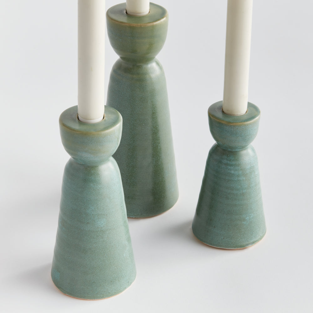 Elegant Green Stoneware Candle Holders Set for Home Decor