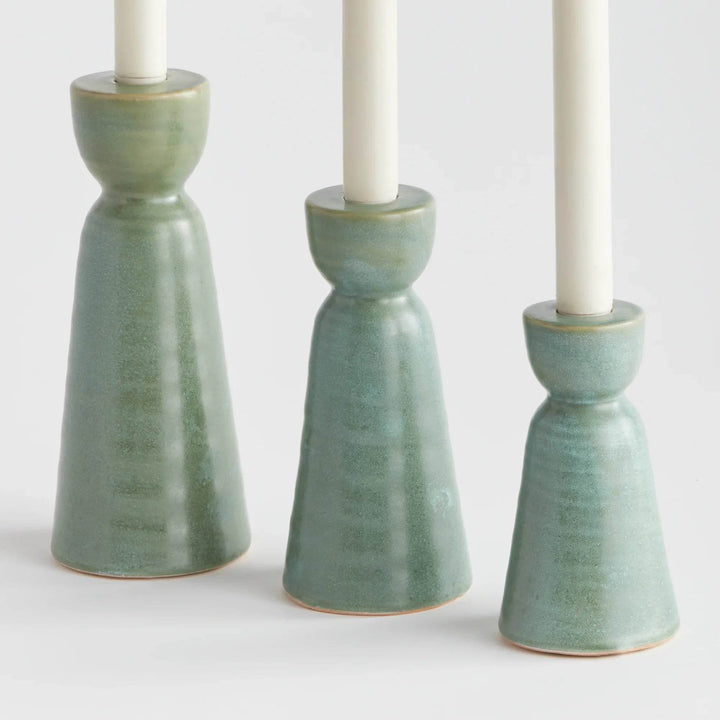 Elegant Green Stoneware Candle Holders Set for Home Decor