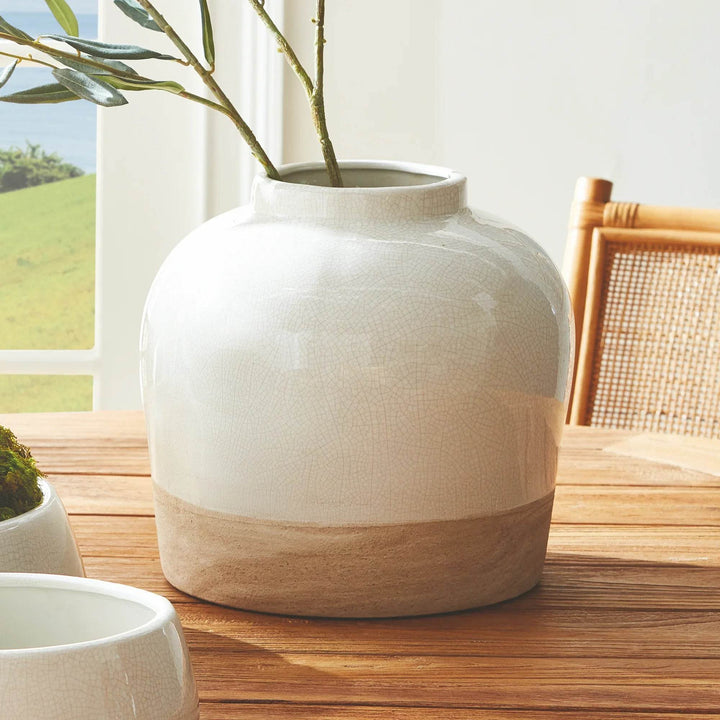 Wide Round White Crackle Glaze Vase For Home Decor - Delamere Design