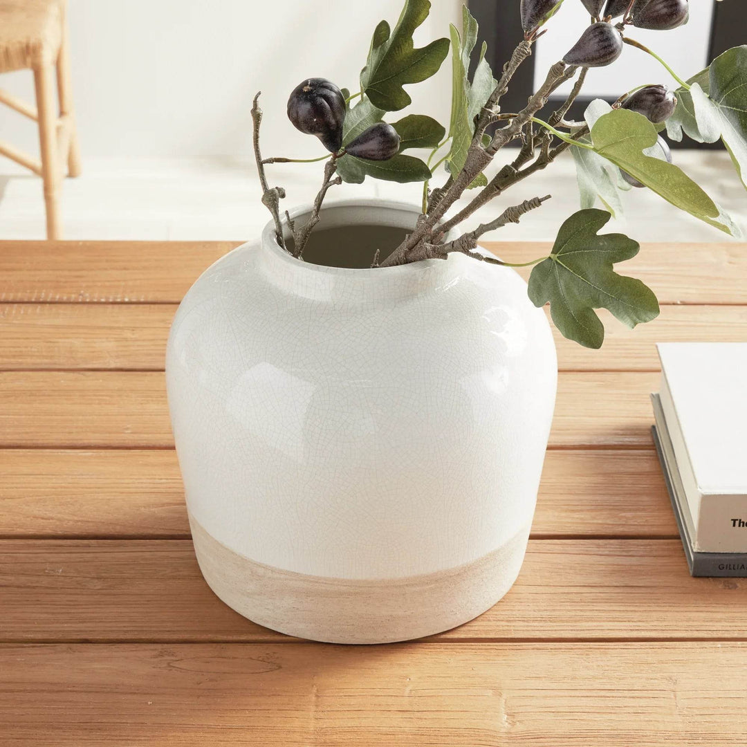 Wide Round White Crackle Glaze Vase For Home Decor - Delamere Design