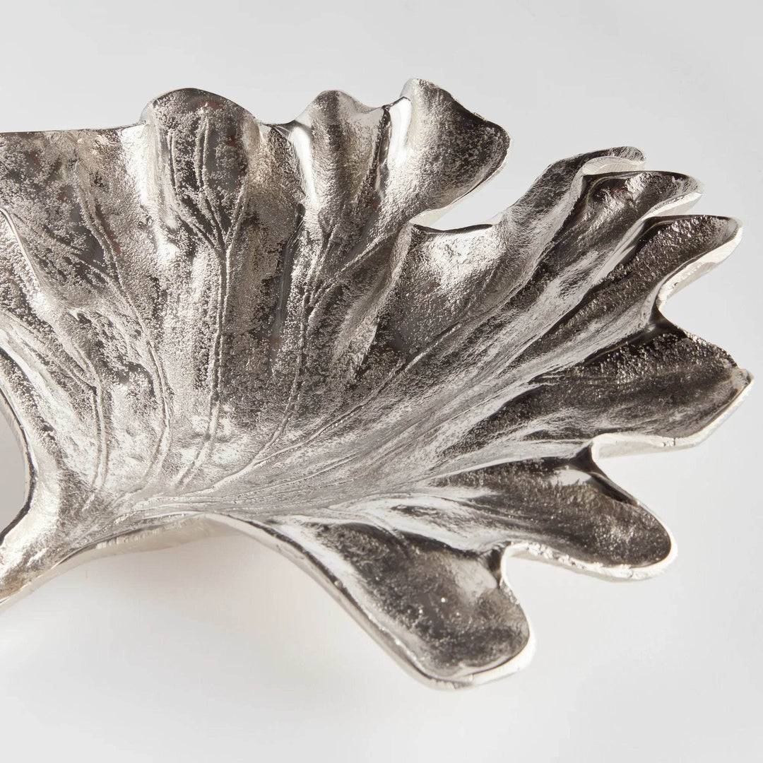 Hand-Cast Silver Aluminum Decorative Tray with Leaf Details