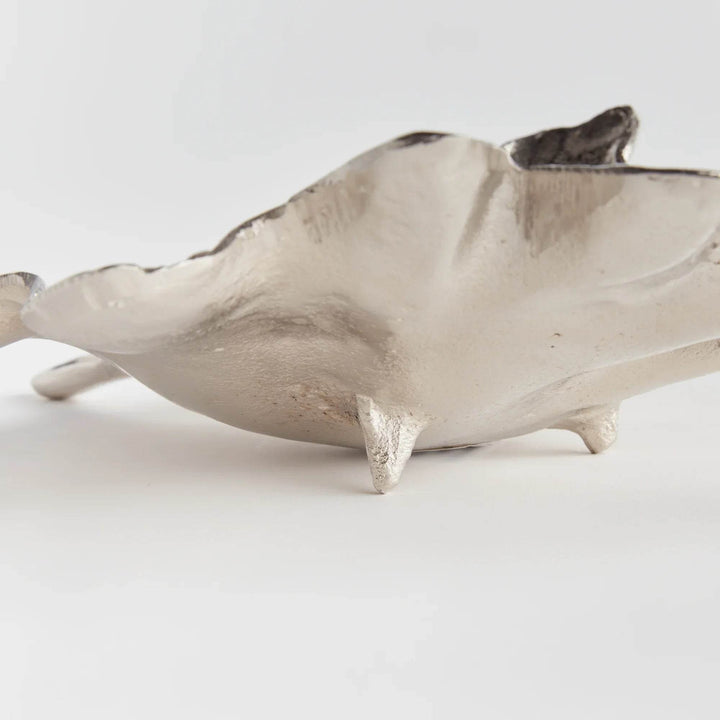 Hand-Cast Silver Aluminum Decorative Tray with Leaf Details