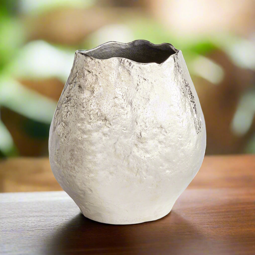 Organic Sand Cast Aluminum Short Vase with Modern Oblong Design