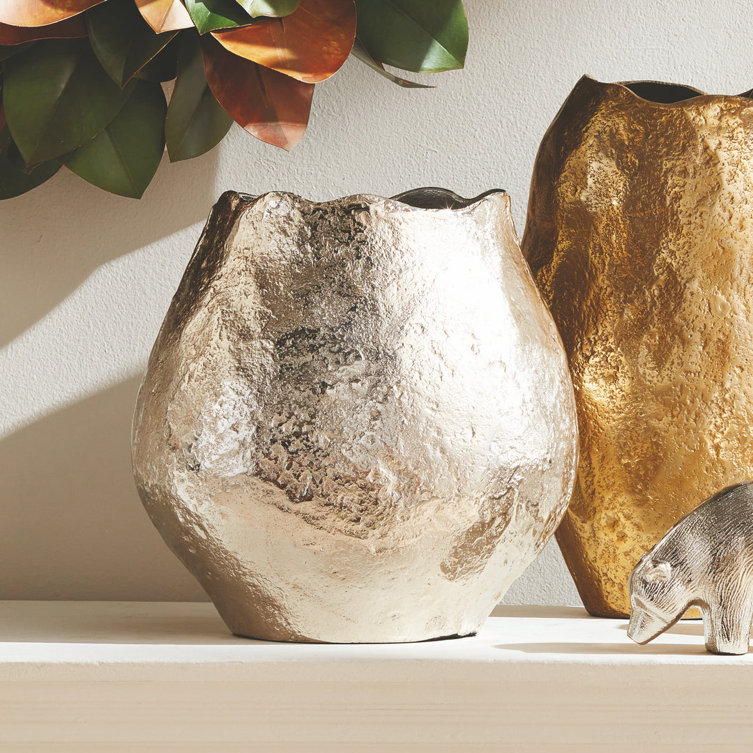 Organic Sand Cast Aluminum Short Vase with Modern Oblong Design