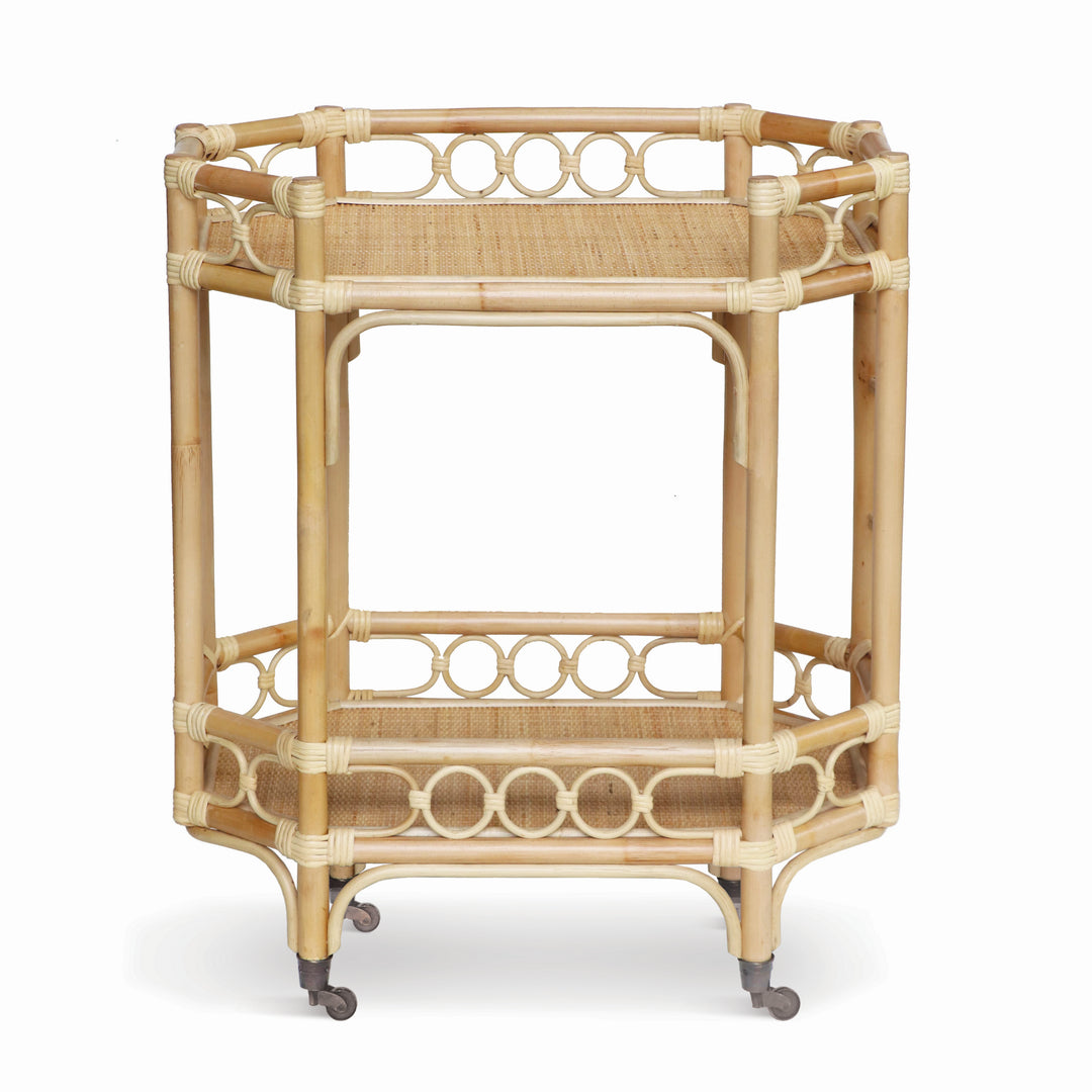 Handmade Natural Rattan 2-Tier Rolling Bar Cart