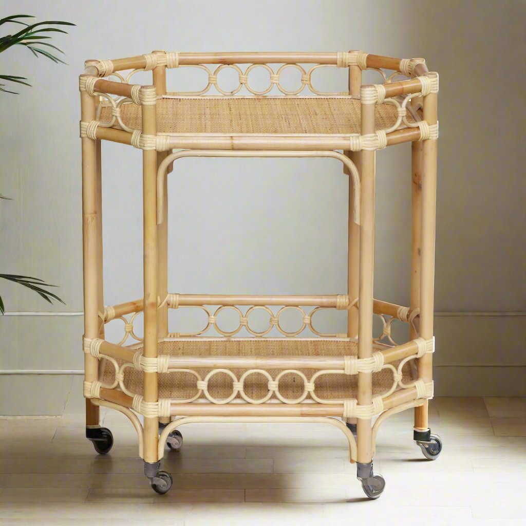 Handmade Natural Rattan 2-Tier Rolling Bar Cart