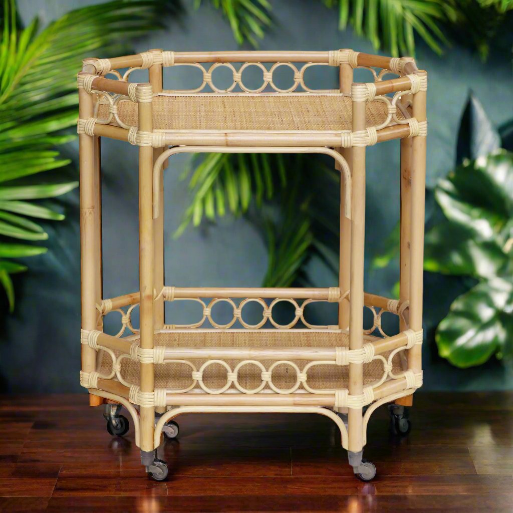 Handmade Natural Rattan 2-Tier Rolling Bar Cart