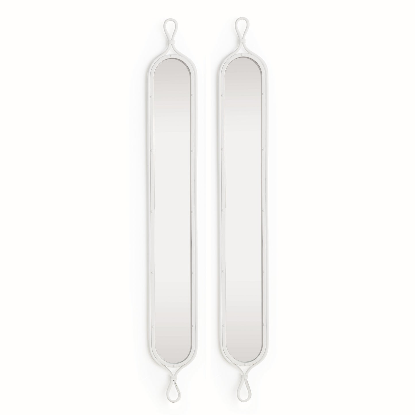 This set of coastal-inspired metal mirrors are vintage in feel, but finished in a crisp white for an unexpected look. Whether a powder room or narrow entryway, this pair is just perfect for those smaller spaces. Elevate your home's interior with a vintage touch of coastal-inspired design. The clean white finish adds a refreshing and unexpected touch, making this set of metal mirrors a must-have for any smaller space in your home.