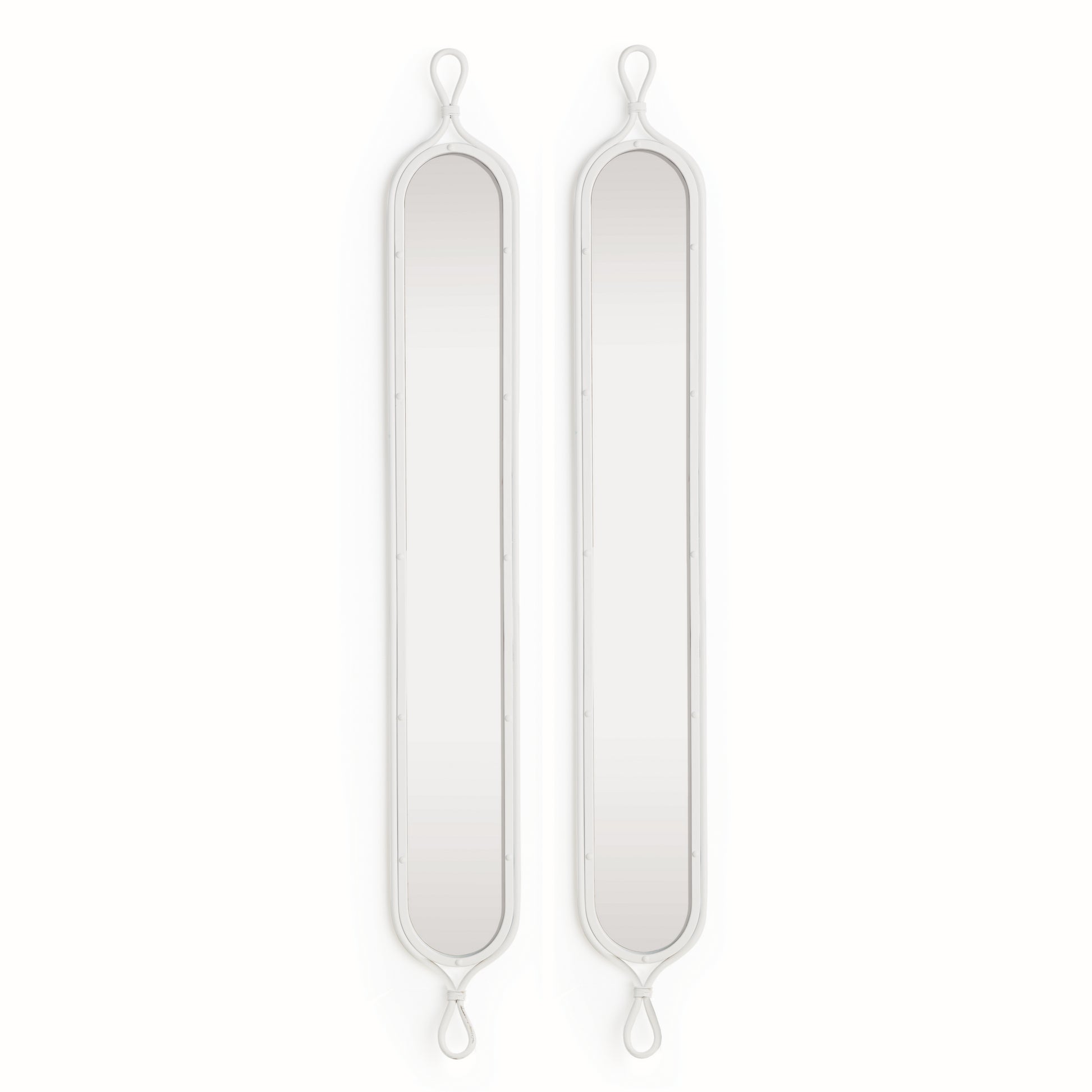 This set of coastal-inspired metal mirrors are vintage in feel, but finished in a crisp white for an unexpected look. Whether a powder room or narrow entryway, this pair is just perfect for those smaller spaces. Elevate your home's interior with a vintage touch of coastal-inspired design. The clean white finish adds a refreshing and unexpected touch, making this set of metal mirrors a must-have for any smaller space in your home.